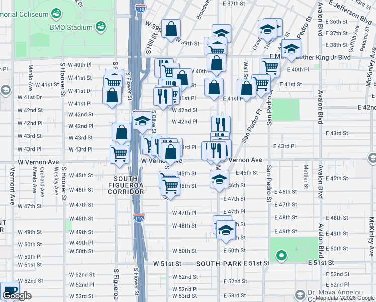 map of restaurants, bars, coffee shops, grocery stores, and more near 210 West 43rd Place in Los Angeles