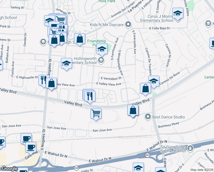map of restaurants, bars, coffee shops, grocery stores, and more near 3030 East Valley View Avenue in West Covina
