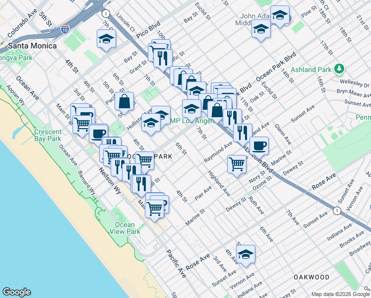 map of restaurants, bars, coffee shops, grocery stores, and more near 2613 6th Street in Santa Monica