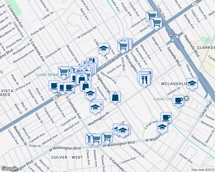 map of restaurants, bars, coffee shops, grocery stores, and more near 3906 Inglewood Boulevard in Los Angeles