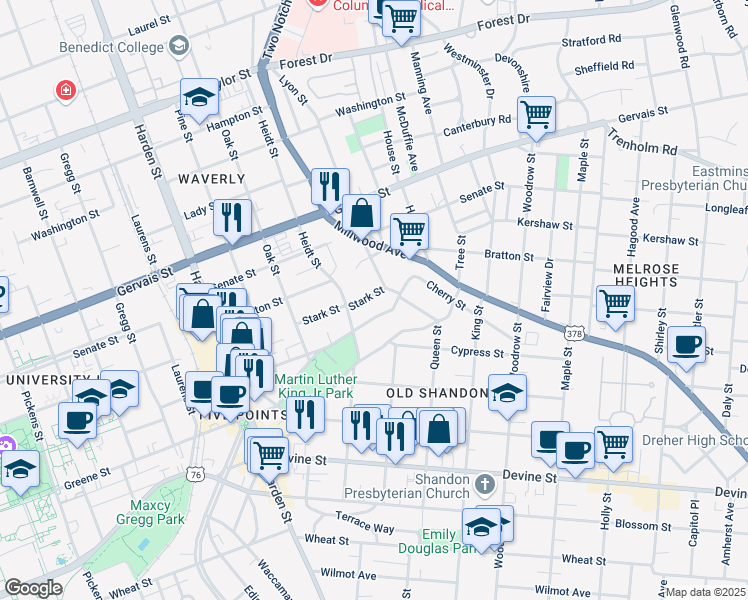 map of restaurants, bars, coffee shops, grocery stores, and more near 918 Short Street in Columbia