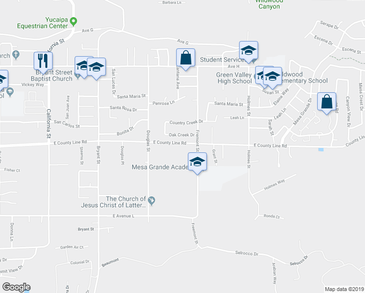 map of restaurants, bars, coffee shops, grocery stores, and more near 375 East County Line Road in Calimesa
