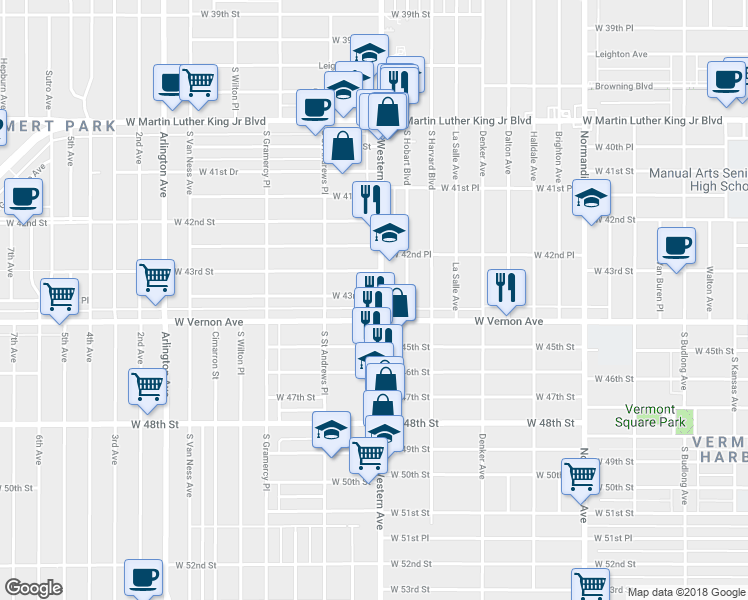 map of restaurants, bars, coffee shops, grocery stores, and more near 4353 South Western Avenue in Los Angeles