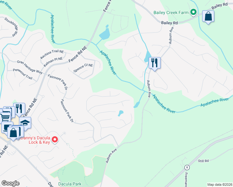 map of restaurants, bars, coffee shops, grocery stores, and more near 590 Ballyshnnon Drive in Dacula