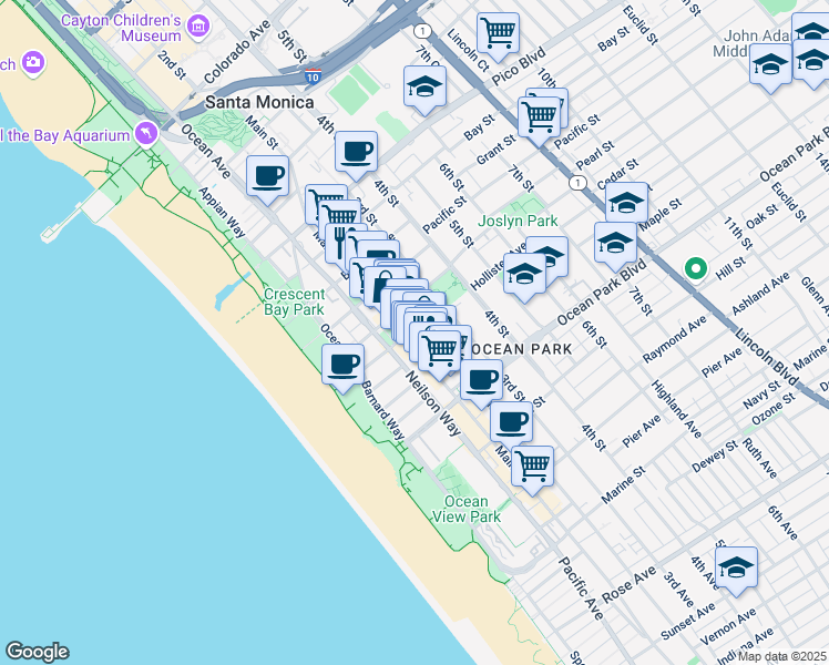 map of restaurants, bars, coffee shops, grocery stores, and more near 207 Hollister Avenue in Santa Monica