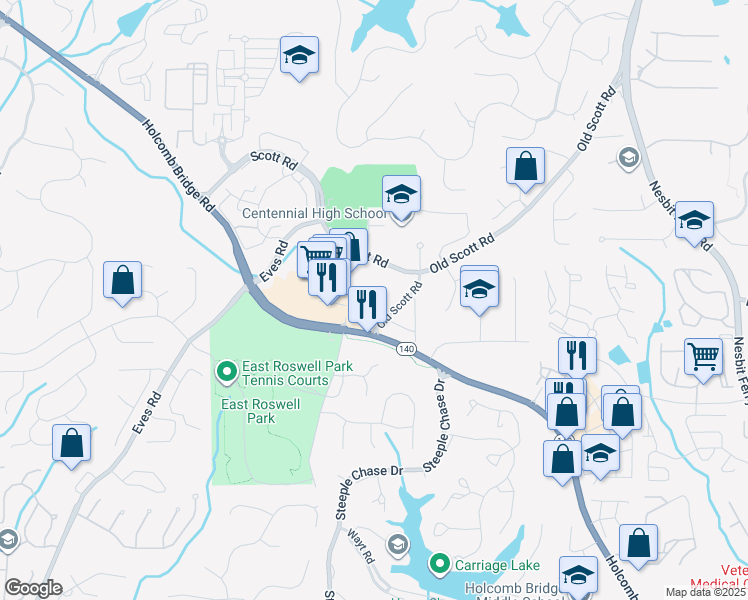 map of restaurants, bars, coffee shops, grocery stores, and more near 2342 Holcomb Bridge Road in Roswell
