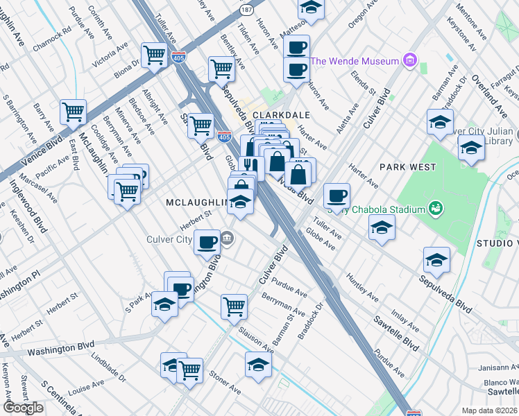 map of restaurants, bars, coffee shops, grocery stores, and more near 4126 Huntley Avenue in Culver City