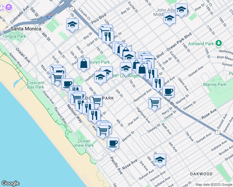 map of restaurants, bars, coffee shops, grocery stores, and more near 2624 6th Street in Santa Monica
