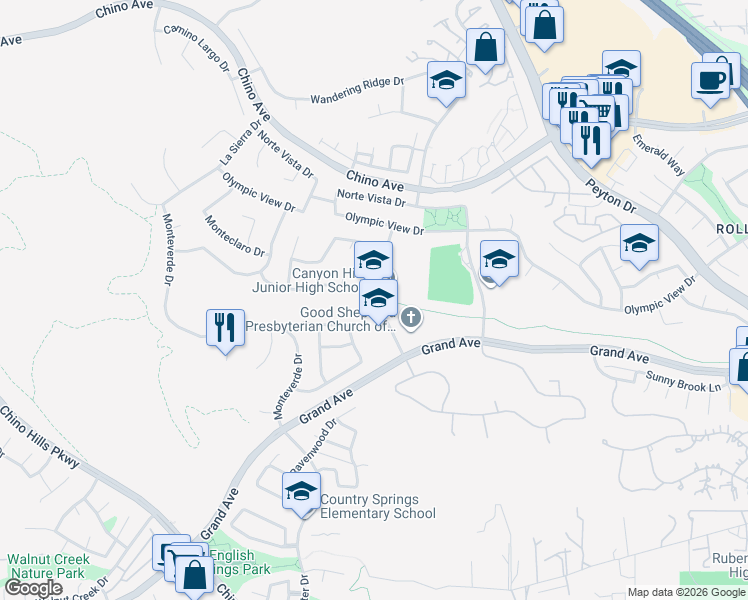 map of restaurants, bars, coffee shops, grocery stores, and more near 2499 Madrugada Drive in Chino Hills