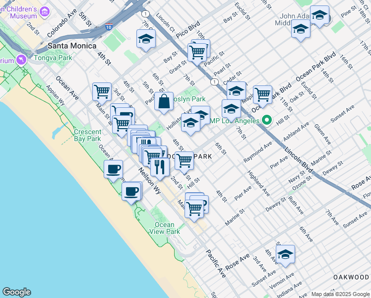 map of restaurants, bars, coffee shops, grocery stores, and more near 2447 4th Street in Santa Monica