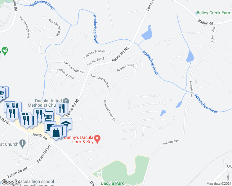 map of restaurants, bars, coffee shops, grocery stores, and more near 2472 Merrion Park Court in Dacula