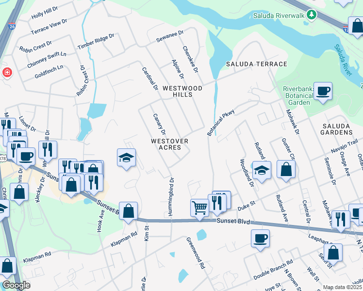map of restaurants, bars, coffee shops, grocery stores, and more near 1212 Cardinal Drive in West Columbia