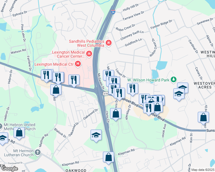 map of restaurants, bars, coffee shops, grocery stores, and more near 110 McSwain Drive in West Columbia