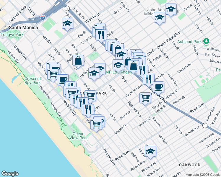 map of restaurants, bars, coffee shops, grocery stores, and more near 2624 6th Street in Santa Monica