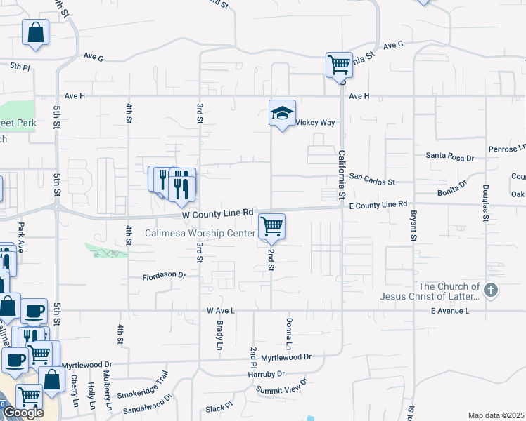 map of restaurants, bars, coffee shops, grocery stores, and more near 13694 2nd Street in Yucaipa