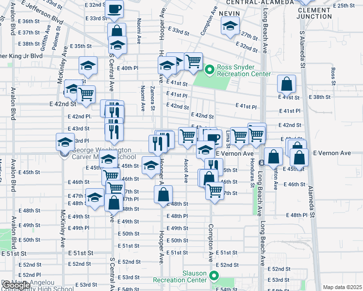map of restaurants, bars, coffee shops, grocery stores, and more near 1333 East 43rd Place in Los Angeles