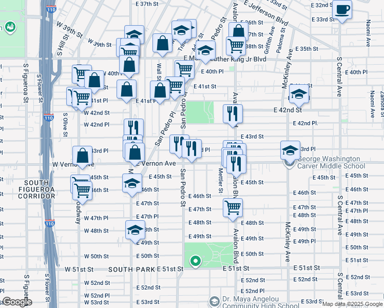 map of restaurants, bars, coffee shops, grocery stores, and more near 287 East 43rd Place in Los Angeles