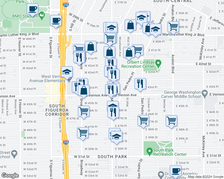 map of restaurants, bars, coffee shops, grocery stores, and more near 4322 South Main Street in Los Angeles