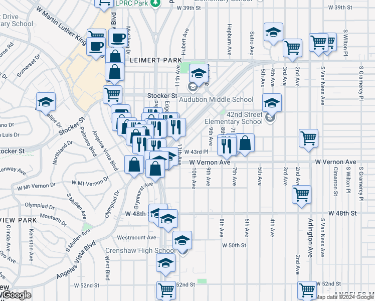 map of restaurants, bars, coffee shops, grocery stores, and more near 4350 11th Avenue in Los Angeles