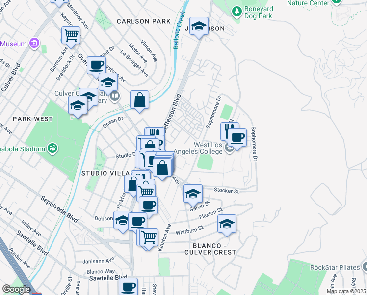map of restaurants, bars, coffee shops, grocery stores, and more near 3000 Summertime Lane in Culver City