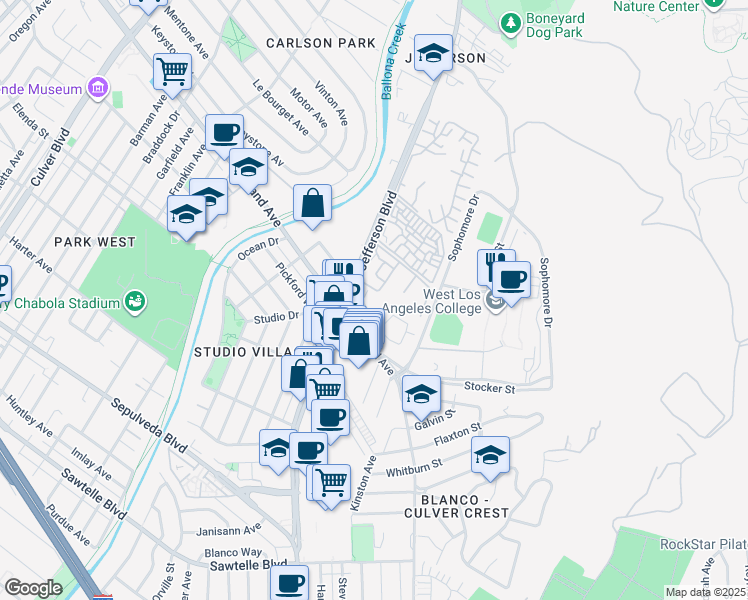 map of restaurants, bars, coffee shops, grocery stores, and more near 11000 Summertime Lane in Culver City