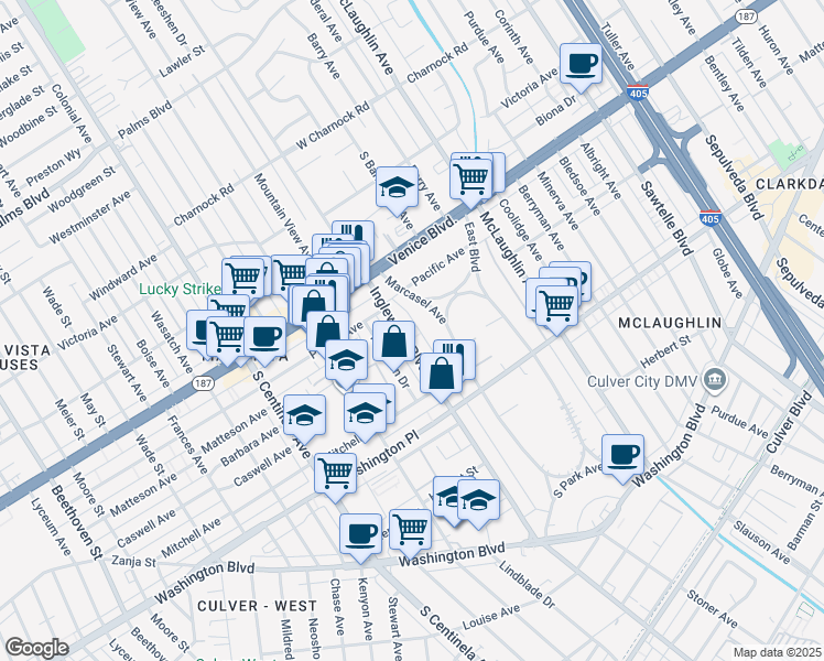 map of restaurants, bars, coffee shops, grocery stores, and more near 3877 Marcasel Avenue in Los Angeles