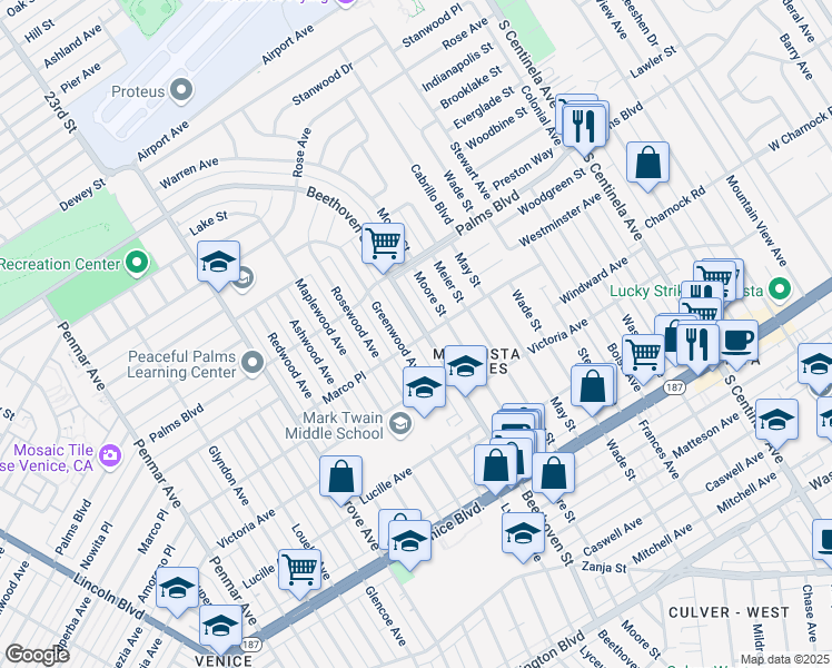 map of restaurants, bars, coffee shops, grocery stores, and more near 3559 Moore Street in Los Angeles