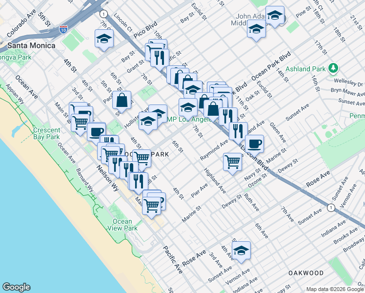map of restaurants, bars, coffee shops, grocery stores, and more near 2613 6th Street in Santa Monica