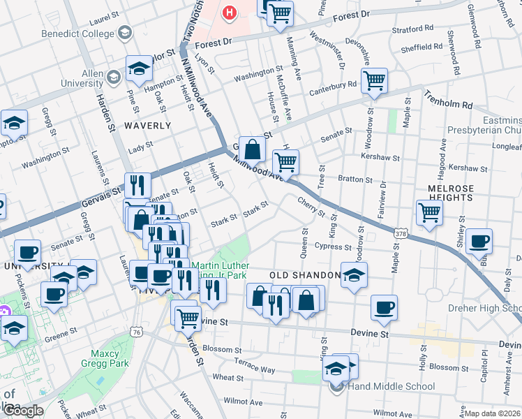 map of restaurants, bars, coffee shops, grocery stores, and more near 918 Short Street in Columbia