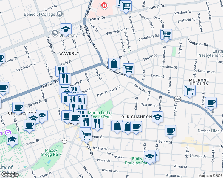 map of restaurants, bars, coffee shops, grocery stores, and more near 988 Heidt Street in Columbia