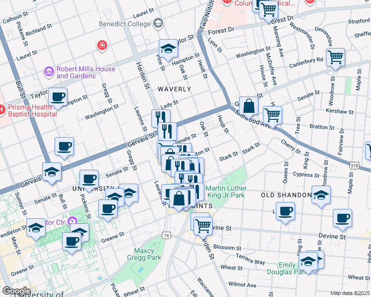 map of restaurants, bars, coffee shops, grocery stores, and more near 1018 Pine Street in Columbia