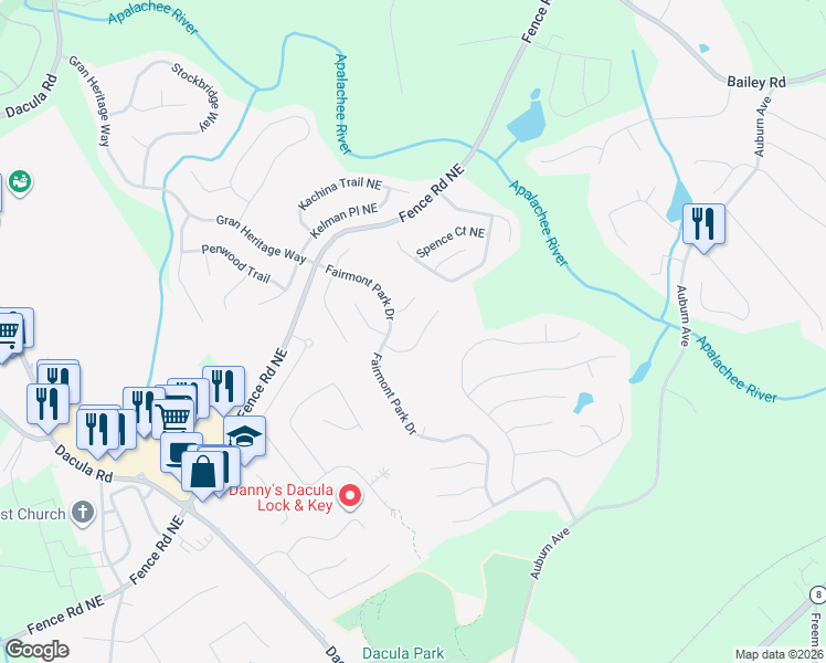 map of restaurants, bars, coffee shops, grocery stores, and more near 2472 Merrion Park Court in Dacula