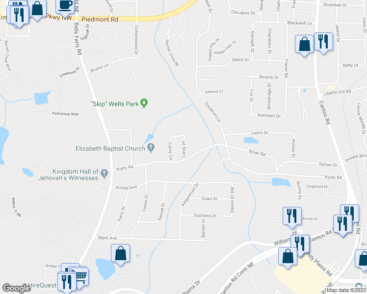 map of restaurants, bars, coffee shops, grocery stores, and more near 445 Kurtz Road in Marietta