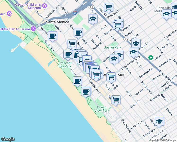 map of restaurants, bars, coffee shops, grocery stores, and more near 2321 Main Street in Santa Monica