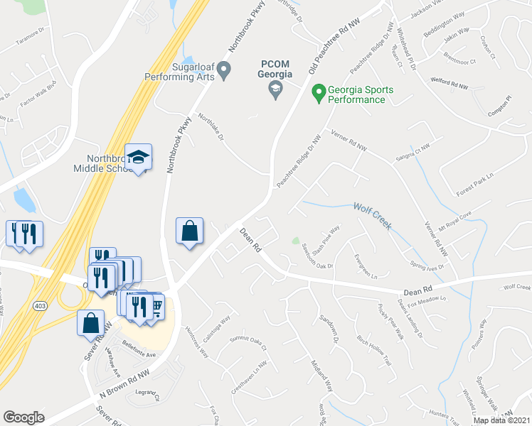map of restaurants, bars, coffee shops, grocery stores, and more near 2471 Birkhall Way Northwest in Lawrenceville