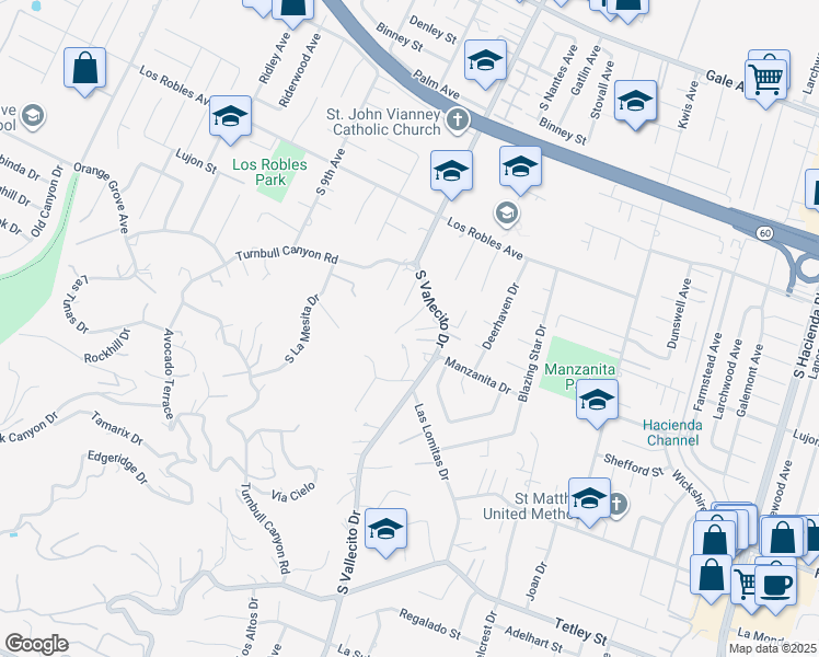 map of restaurants, bars, coffee shops, grocery stores, and more near 1741 South Vallecito Drive in La Puente