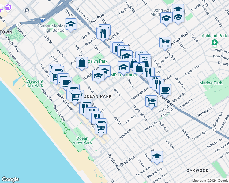 map of restaurants, bars, coffee shops, grocery stores, and more near 2624 6th Street in Santa Monica
