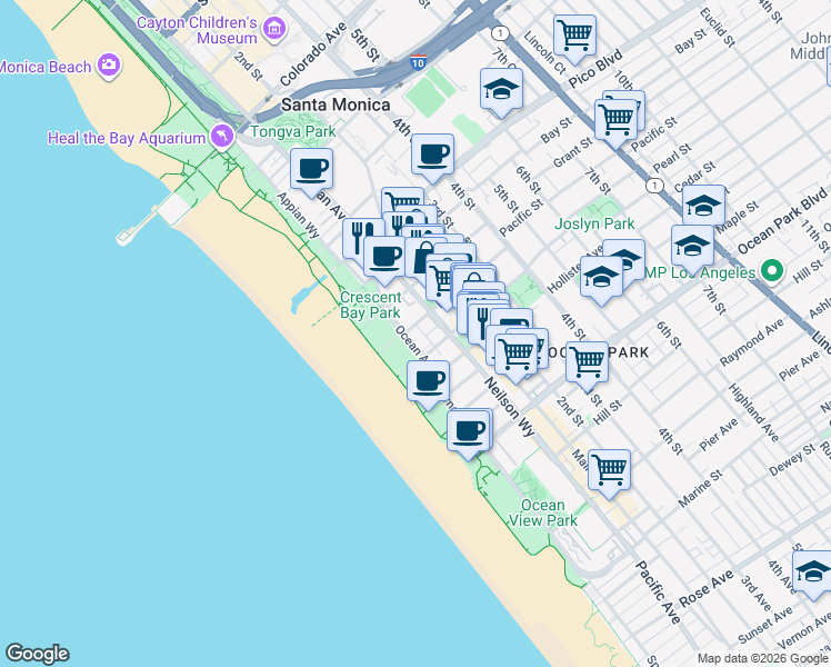 map of restaurants, bars, coffee shops, grocery stores, and more near 2203 Ocean Avenue in Santa Monica