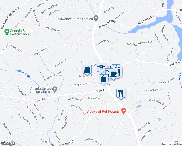 map of restaurants, bars, coffee shops, grocery stores, and more near 707 Bankshire Drive in Suwanee