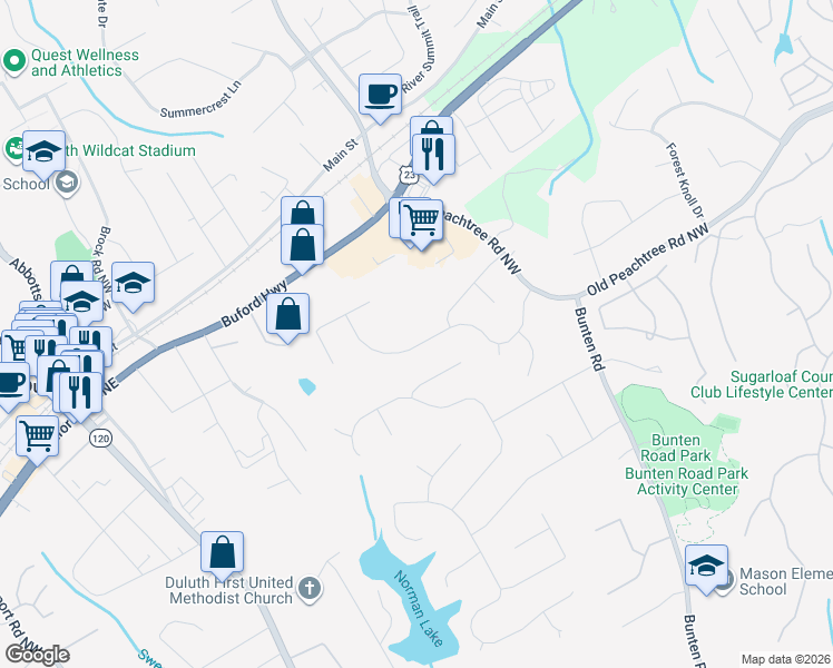 map of restaurants, bars, coffee shops, grocery stores, and more near 2765 Peachtree Walk in Duluth