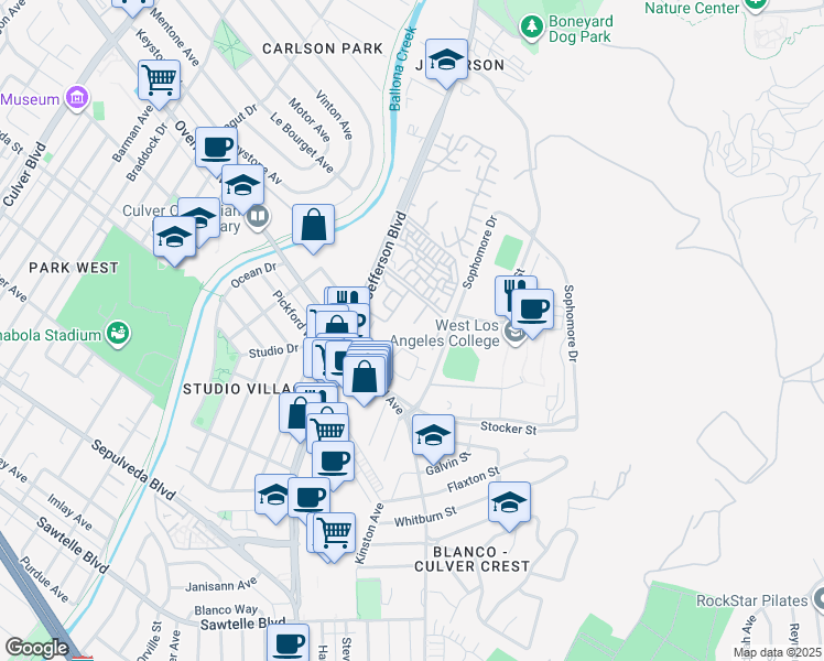 map of restaurants, bars, coffee shops, grocery stores, and more near 3000 Summertime Lane in Culver City