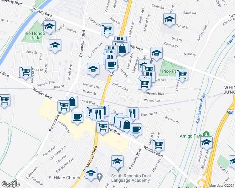 map of restaurants, bars, coffee shops, grocery stores, and more near 4732 Walnut Avenue in Pico Rivera