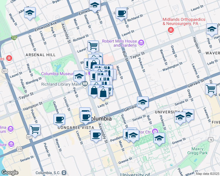 map of restaurants, bars, coffee shops, grocery stores, and more near 1410 Sumter Street in Columbia