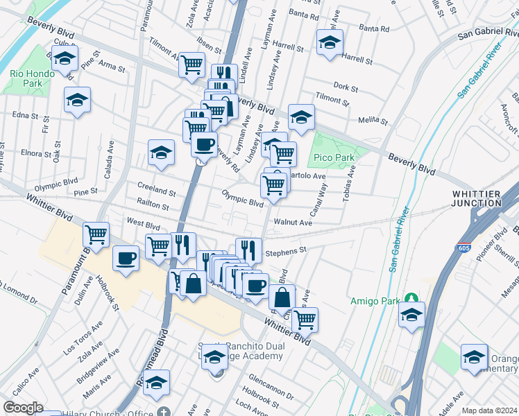 map of restaurants, bars, coffee shops, grocery stores, and more near 9246 Olympic Boulevard in Pico Rivera