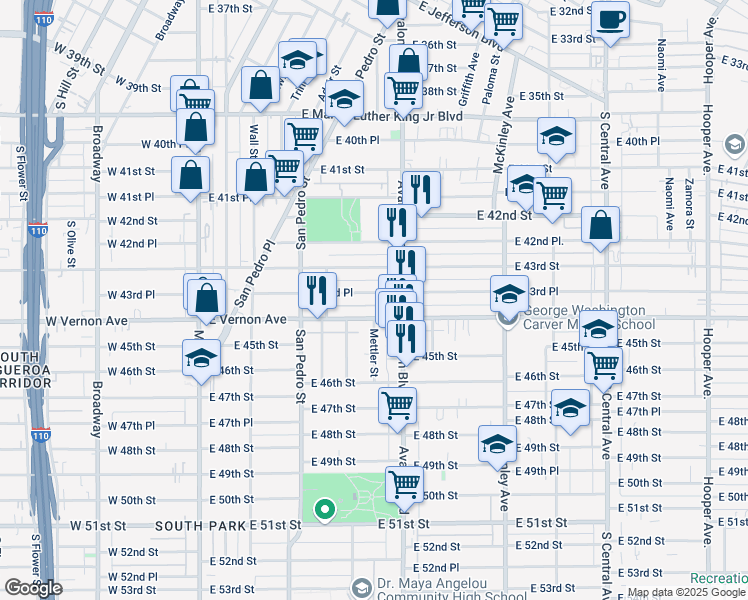 map of restaurants, bars, coffee shops, grocery stores, and more near 475 East 43rd Place in Los Angeles