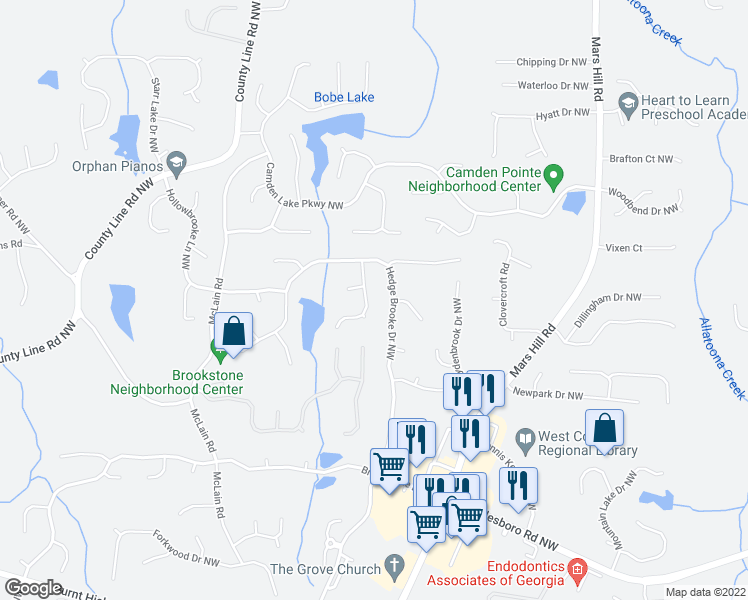 map of restaurants, bars, coffee shops, grocery stores, and more near 1988 Hedge Brooke Trail Northwest in Acworth