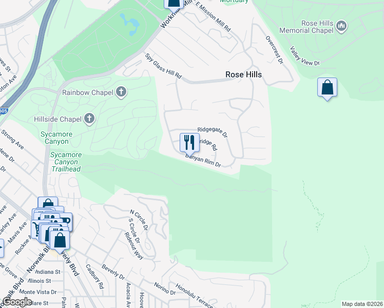 map of restaurants, bars, coffee shops, grocery stores, and more near 4702 Canyon Rim Drive in Whittier