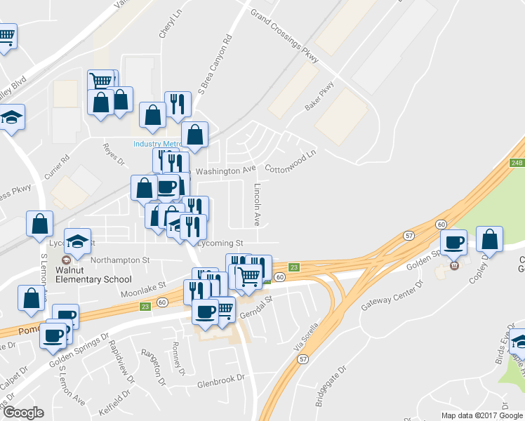 map of restaurants, bars, coffee shops, grocery stores, and more near 750 Lincoln Avenue in Walnut