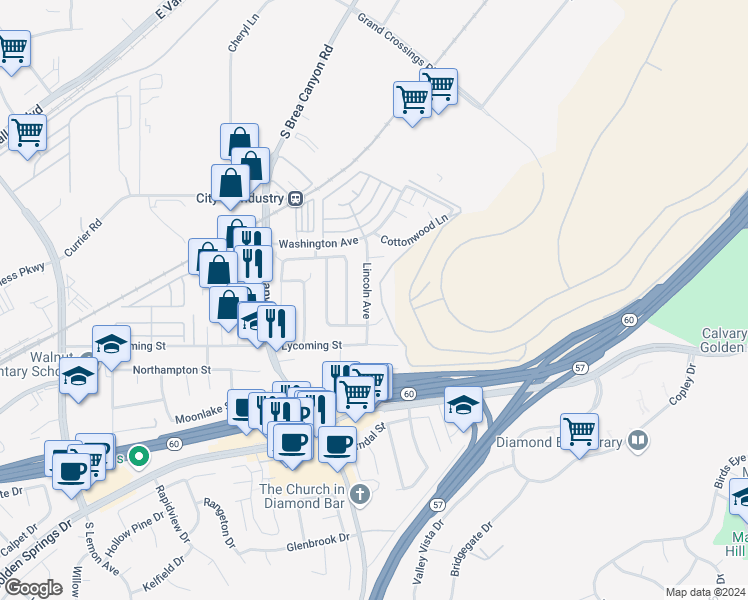 map of restaurants, bars, coffee shops, grocery stores, and more near 750 Lincoln Avenue in Walnut