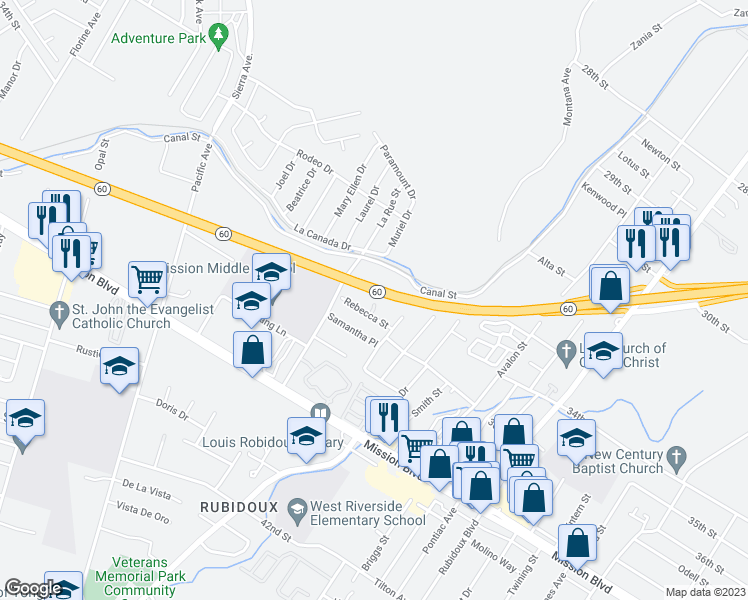 map of restaurants, bars, coffee shops, grocery stores, and more near 5865 Rebecca Street in Riverside
